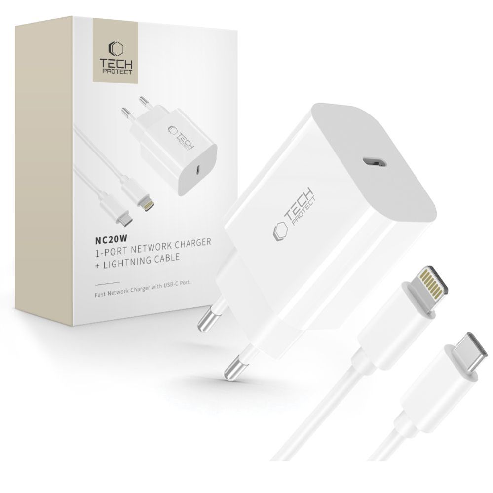 Citas preces Tech-Protect Tech-Protect NC20W Wall Charger with 100 cm USB-C / Lightning Cable - White