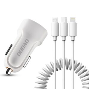 Adapteriai Dudao  Dudao car kit charger 2x USB 2.4A + cable USB 3in1 Lightning / Type C / micro USB cable white (R7 white) 