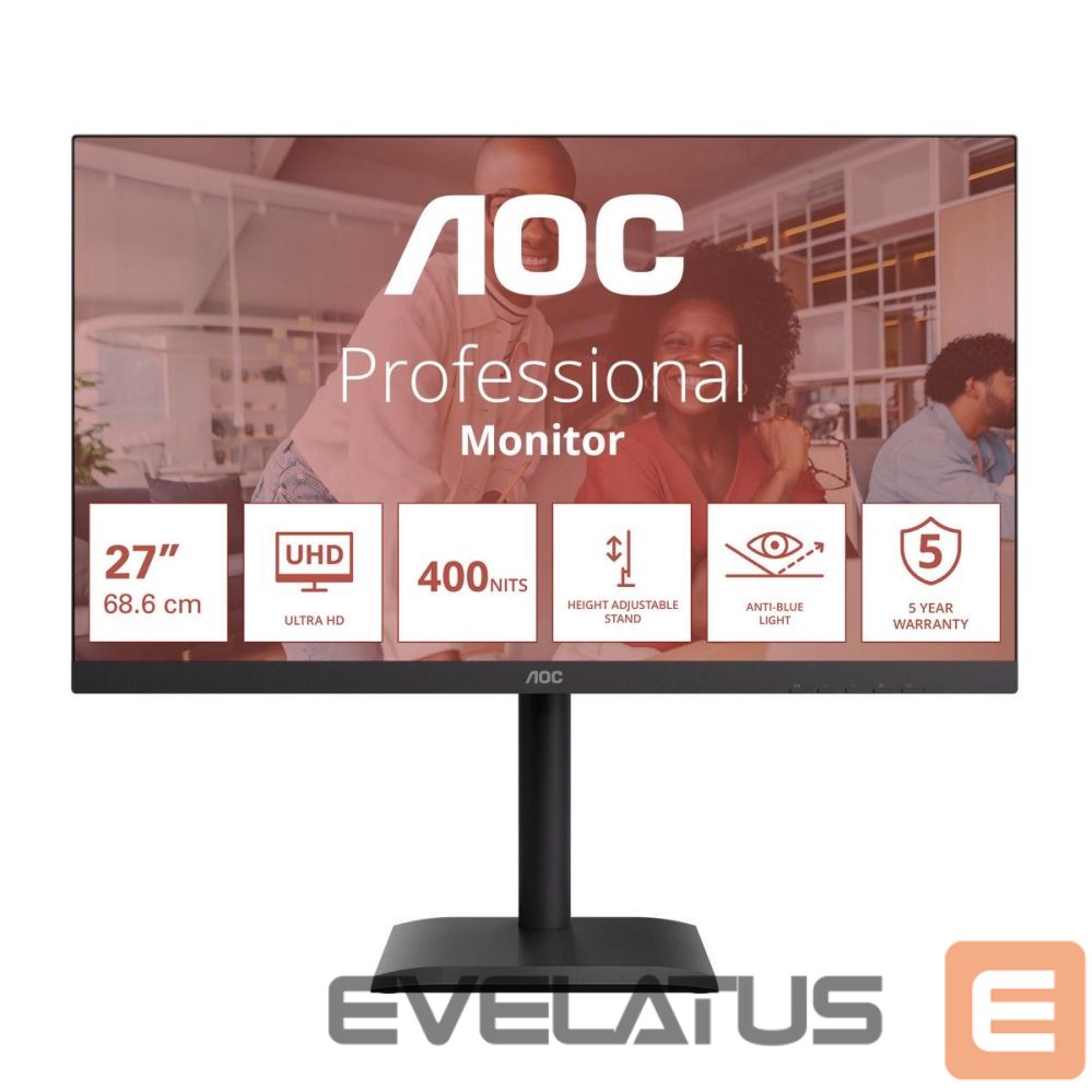 Monitorid AOC U27E4CV | 27 " | IPS | UHD | 16:9 | 60 Hz | 4 ms | 3840 x 2160 pixels | 400 cd/m² | HDMI ports quantity 2 | Black