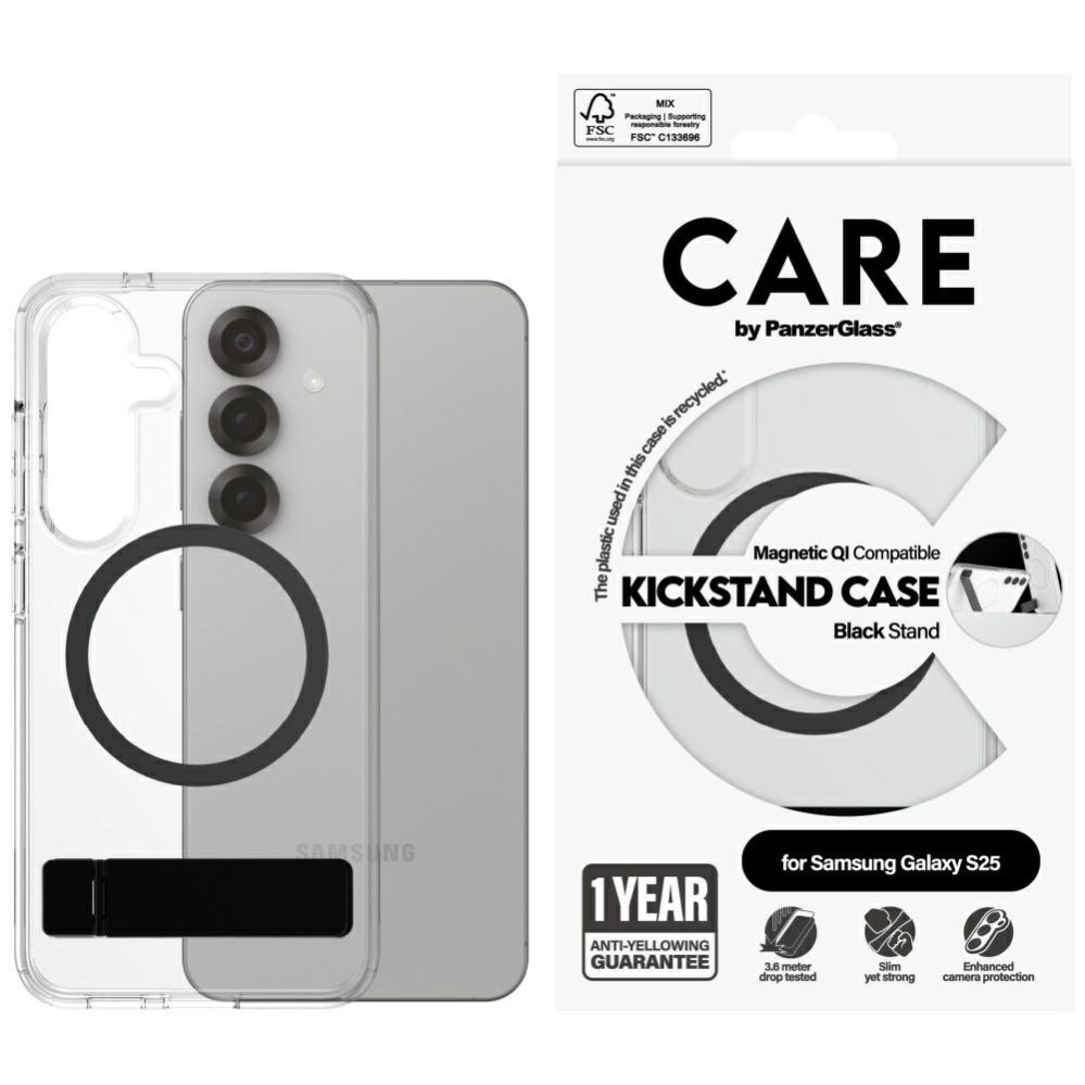 Muud kaubad Panzer Glass CARE by PanzerGlass Feature Black Kickstand & QI Case for Samsung Galaxy S25 - Transparent