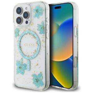Muud kaubad Guess  Guess Resin Flowers Glitter MagSafe iPhone 16 Pro Case - Clear Green 