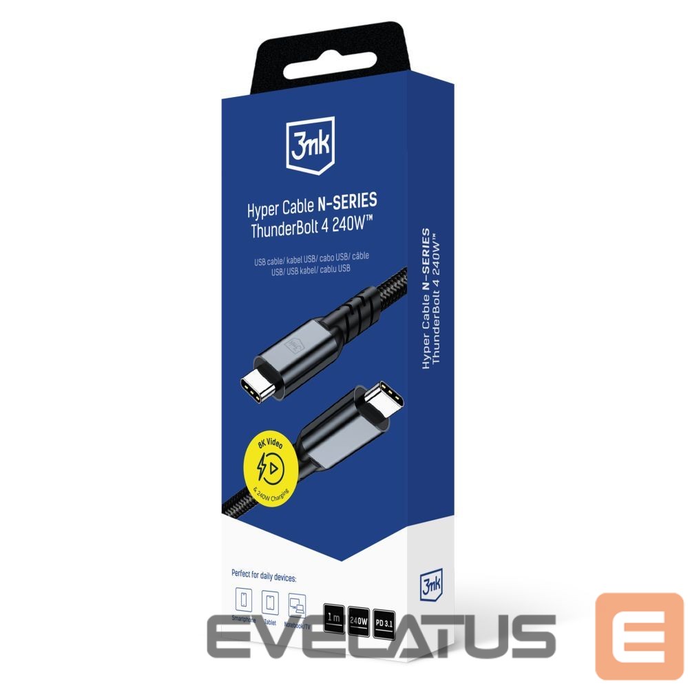 Muud kaubad 3MK 3mk Hyper Cable N-SERIES Thunderbolt 4 USB-C / USB-C 1m 48V/5A 40Gb/s 240W 8K60Hz - black